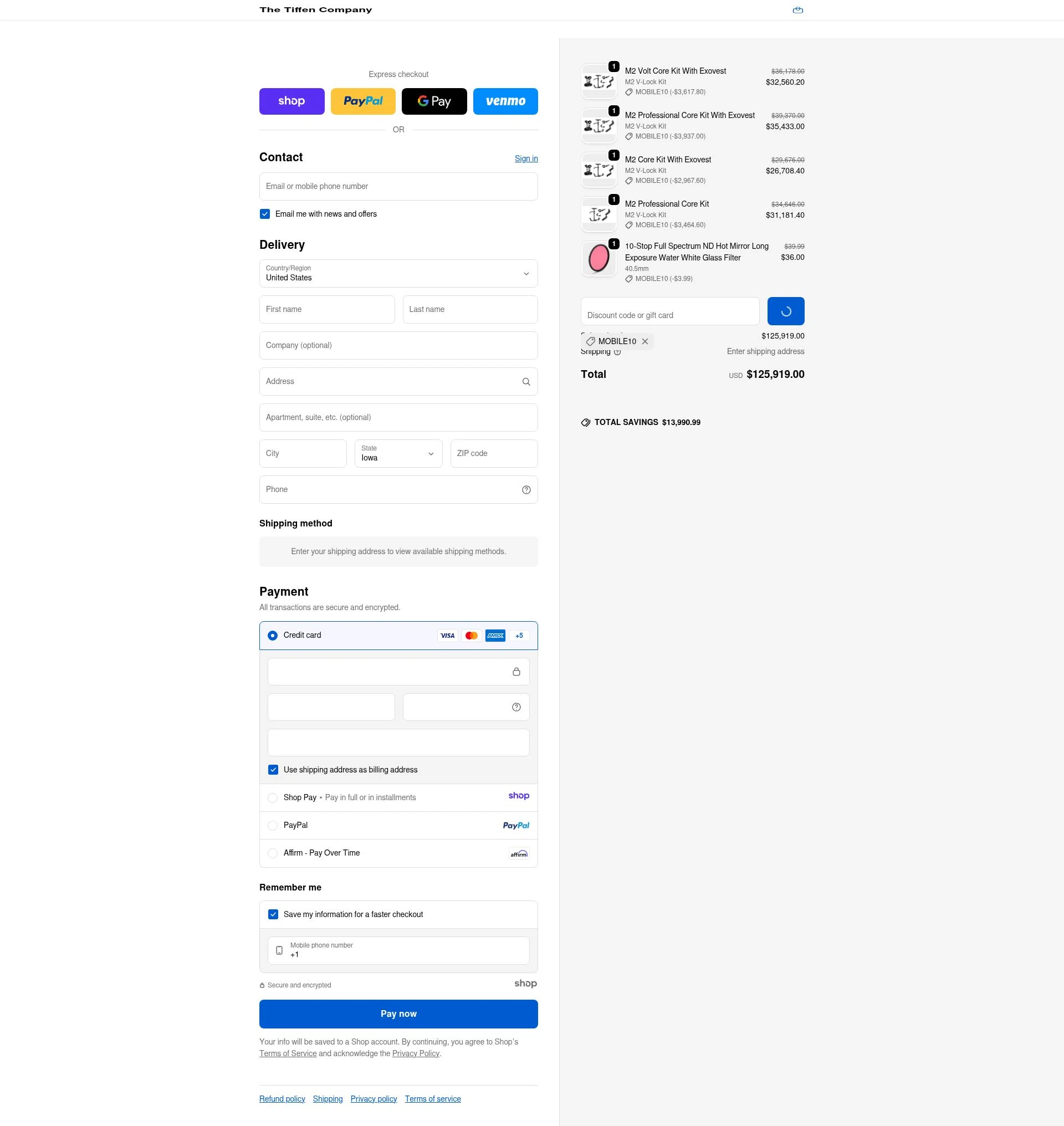 The Tiffen Company checkout page showing The Tiffen Company promo code box | Screenshot taken by SimplyCodes community member on Jan 5, 2026