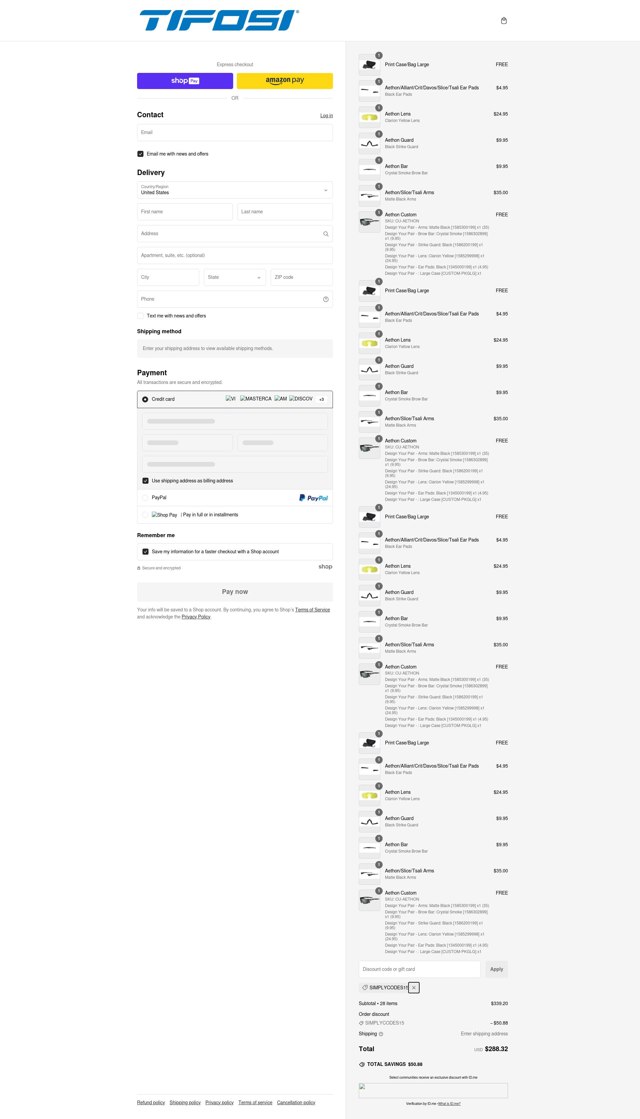 Tifosi Optics checkout page showing Tifosi Optics promo code box | Screenshot taken by SimplyCodes community member on Dec 21, 2024