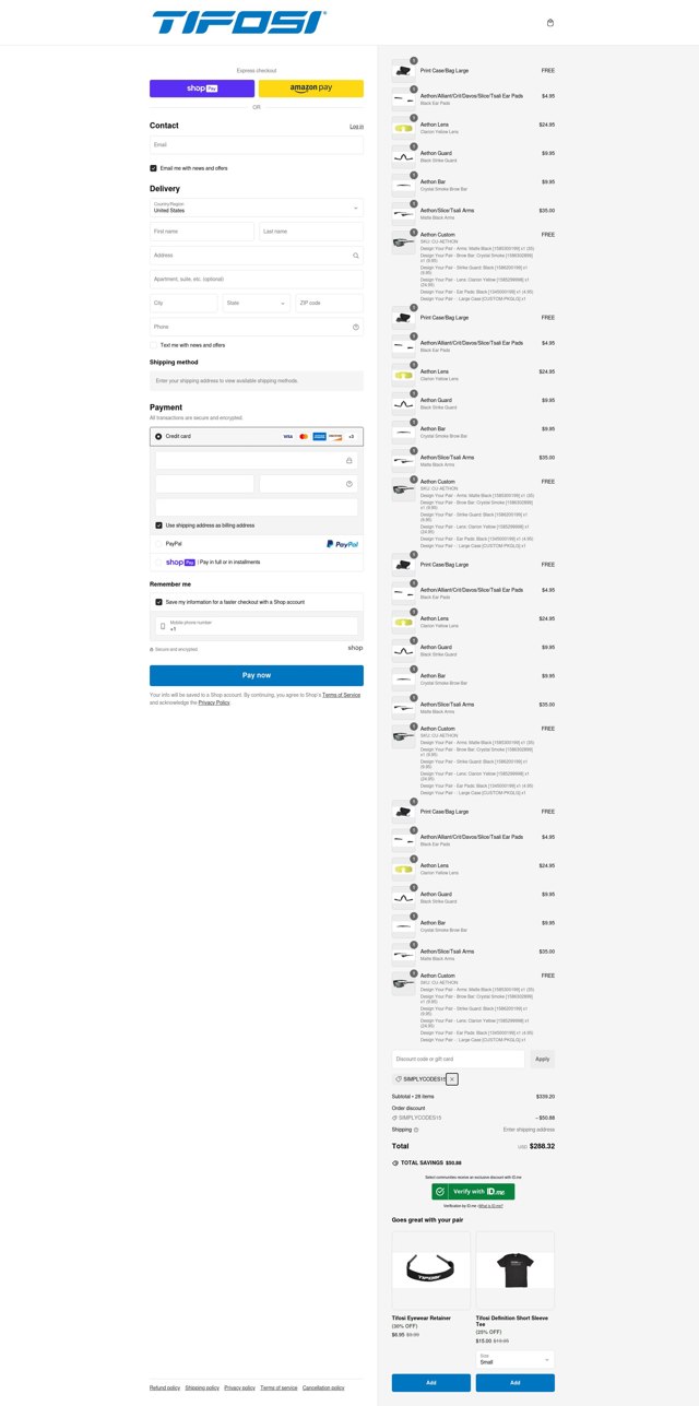 Tifosi Optics checkout page showing Tifosi Optics promo code box | Screenshot taken by SimplyCodes community member on Dec 13, 2024