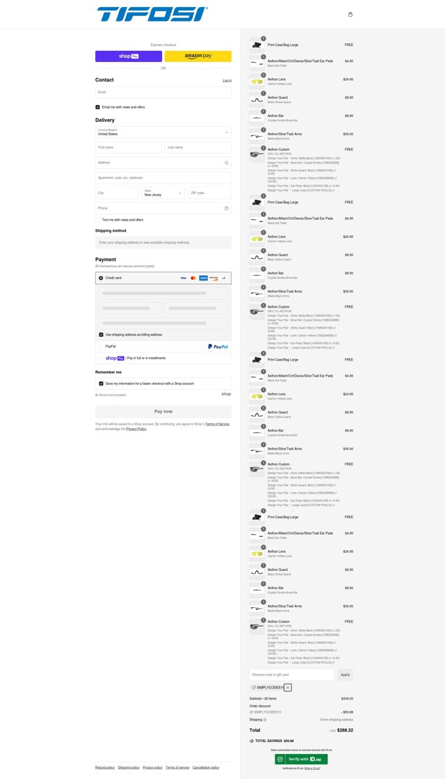 Tifosi Optics checkout page showing Tifosi Optics promo code box | Screenshot taken by SimplyCodes community member on Dec 26, 2024