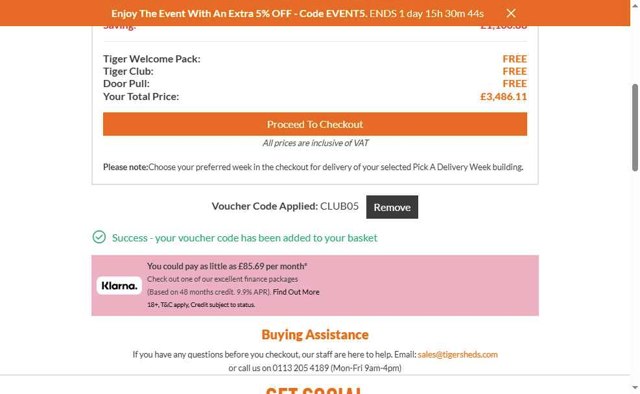 Tiger Sheds checkout page showing Tiger Sheds discount code box | Screenshot taken by SimplyCodes community member on Aug 17, 2025