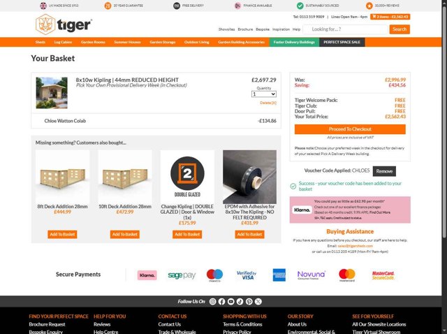 Tiger Sheds checkout page showing Tiger Sheds discount code box | Screenshot taken by SimplyCodes community member on Sep 4, 2025