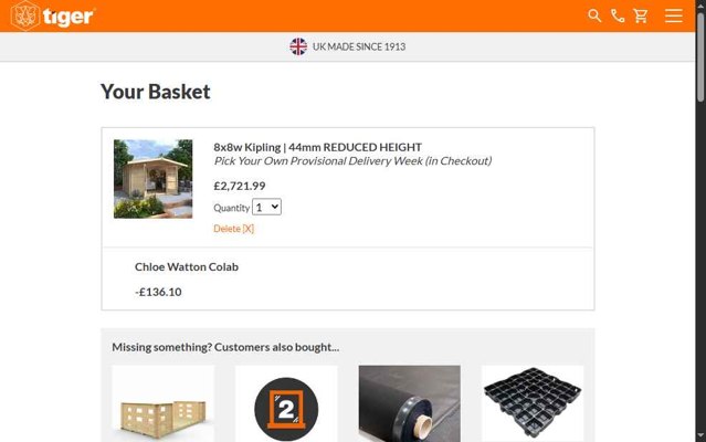 Tiger Sheds checkout page showing Tiger Sheds discount code box | Screenshot taken by SimplyCodes community member on Aug 6, 2025
