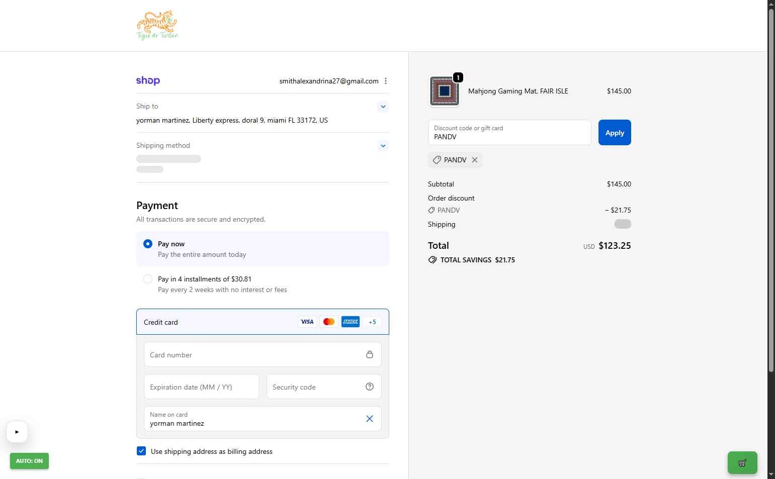 Tigre de Tartan checkout page showing Tigre de Tartan promo code box | Screenshot taken by SimplyCodes community member on Jan 9, 2026