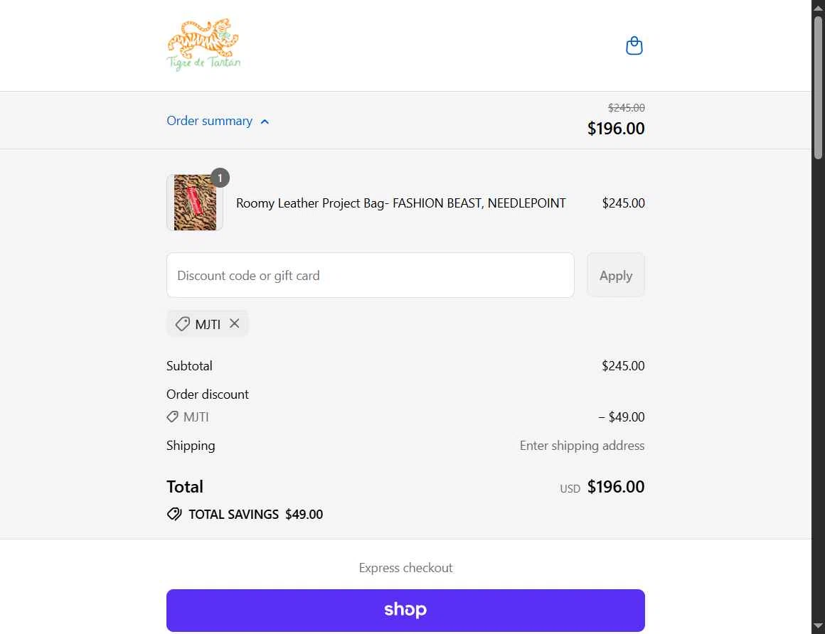 Tigre de Tartan checkout page showing Tigre de Tartan promo code box | Screenshot taken by SimplyCodes community member on Sep 6, 2025