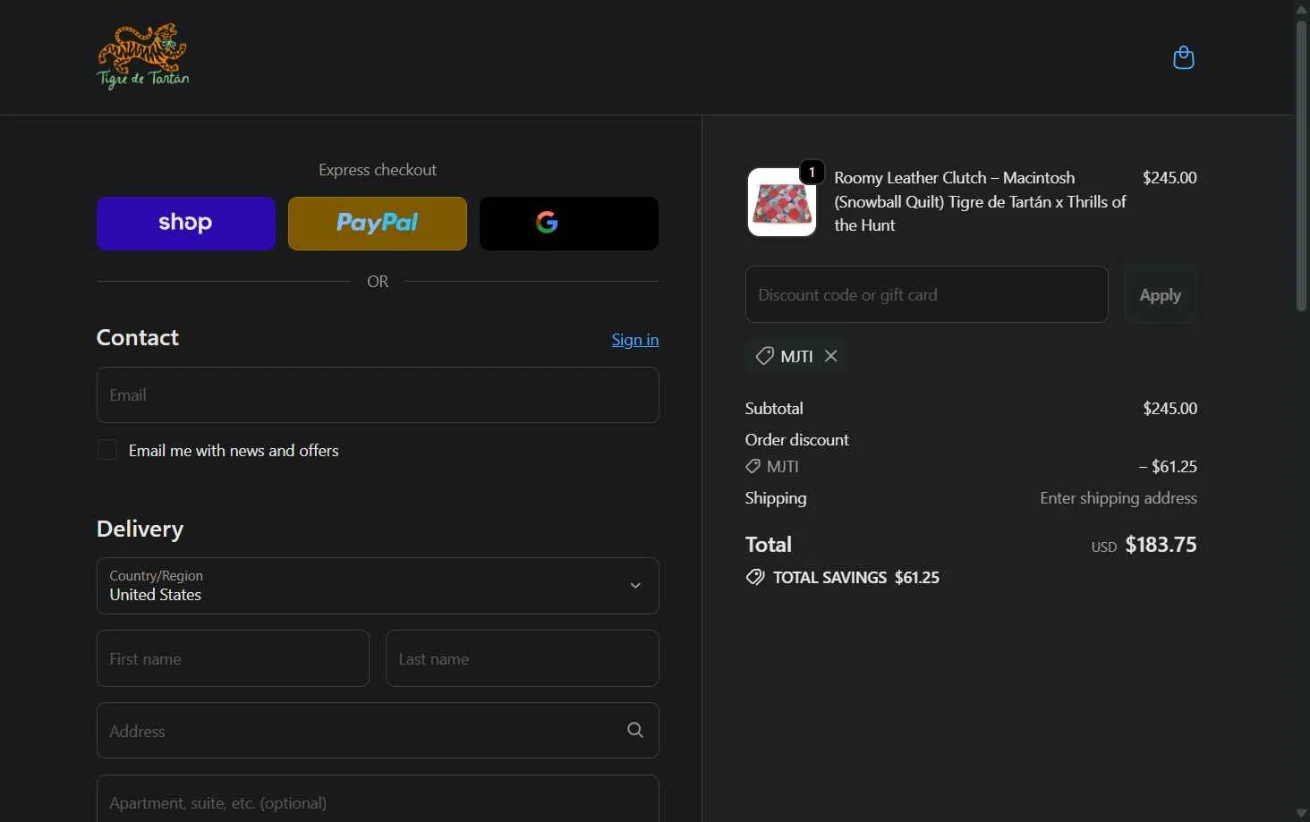 Tigre de Tartan checkout page showing Tigre de Tartan promo code box | Screenshot taken by SimplyCodes community member on Dec 2, 2025