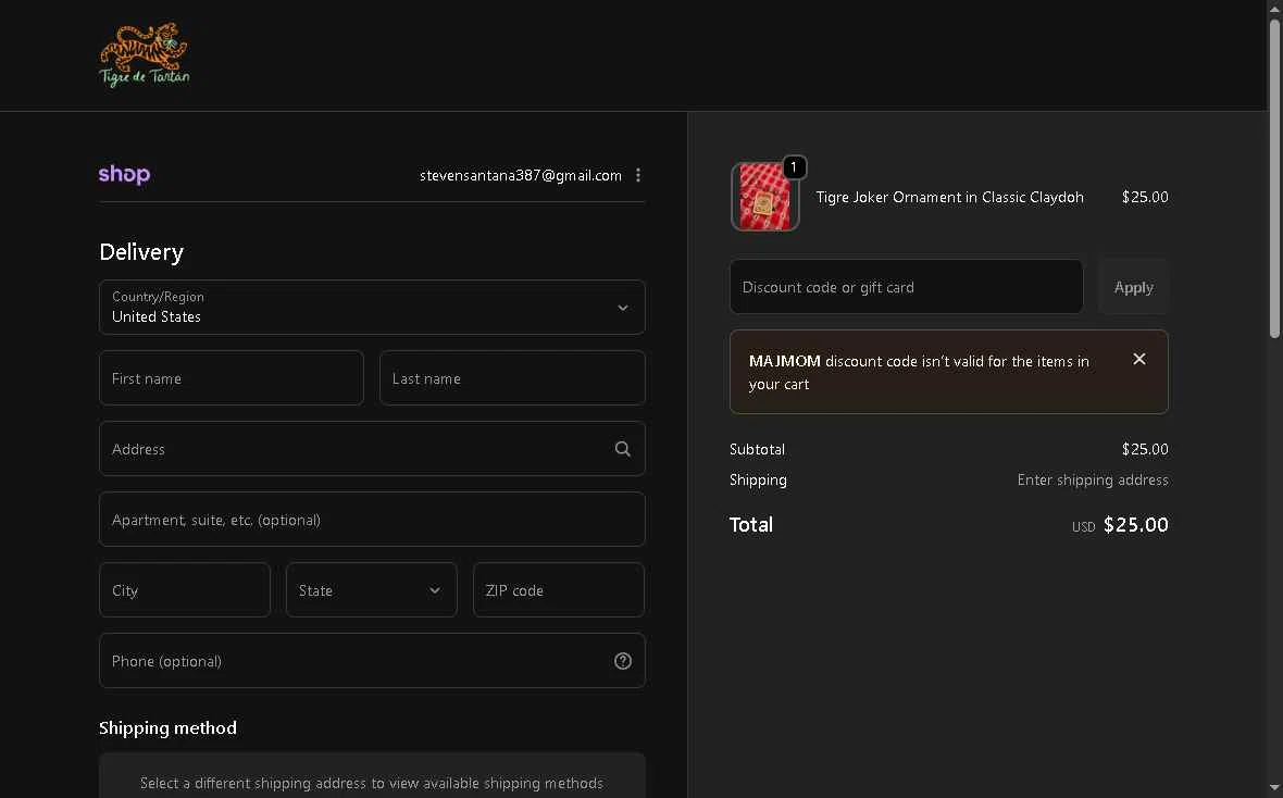 Tigre de Tartan checkout page showing Tigre de Tartan promo code box | Screenshot taken by SimplyCodes community member on Dec 27, 2025