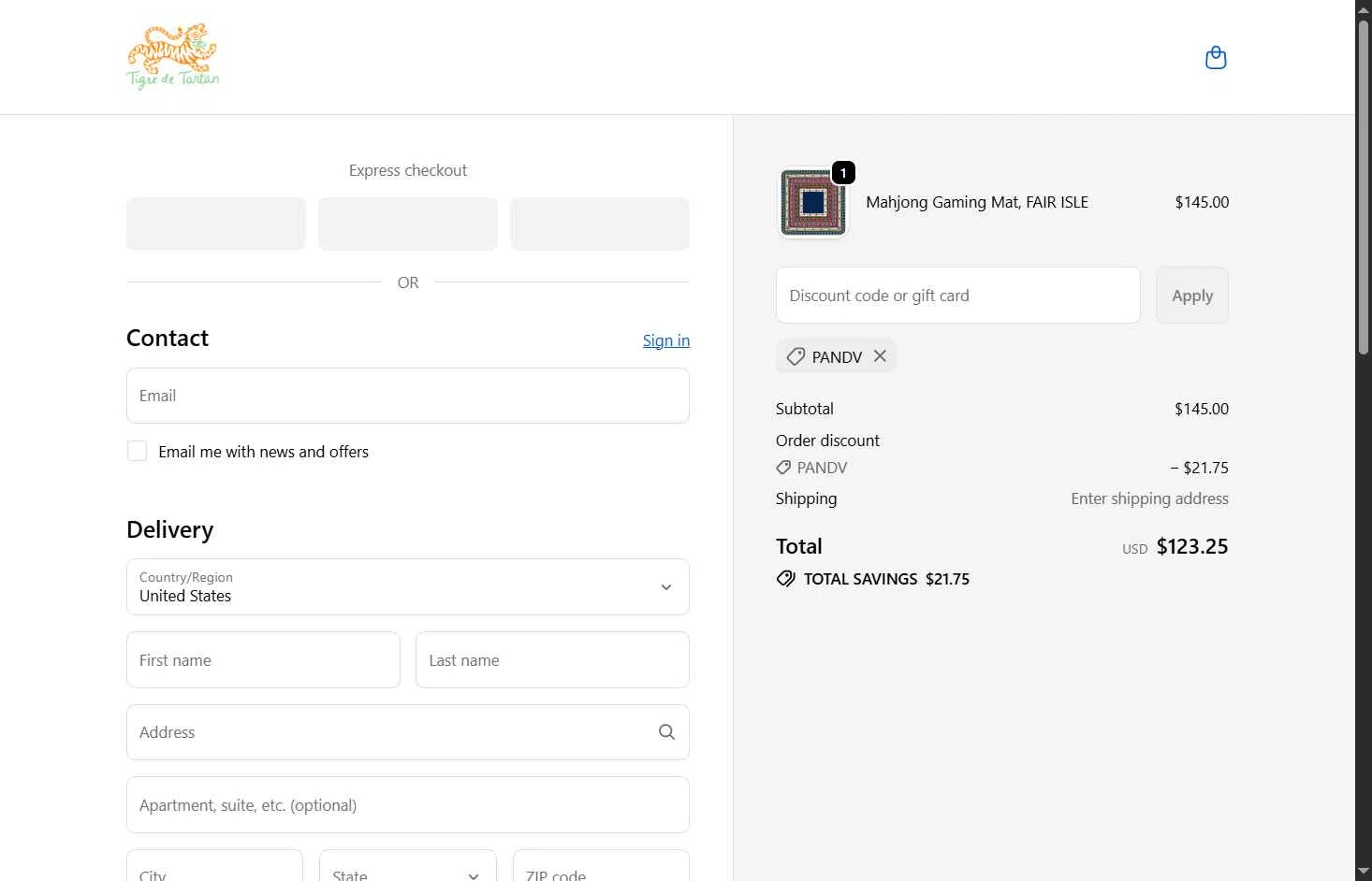 Tigre de Tartan checkout page showing Tigre de Tartan promo code box | Screenshot taken by SimplyCodes community member on Dec 11, 2025