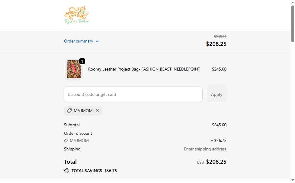 Tigre de Tartan checkout page showing Tigre de Tartan promo code box | Screenshot taken by SimplyCodes community member on Oct 1, 2025