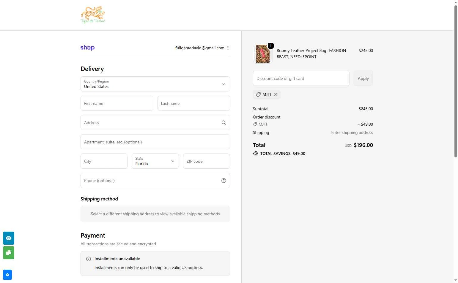 Tigre de Tartan checkout page showing Tigre de Tartan promo code box | Screenshot taken by SimplyCodes community member on Oct 4, 2025