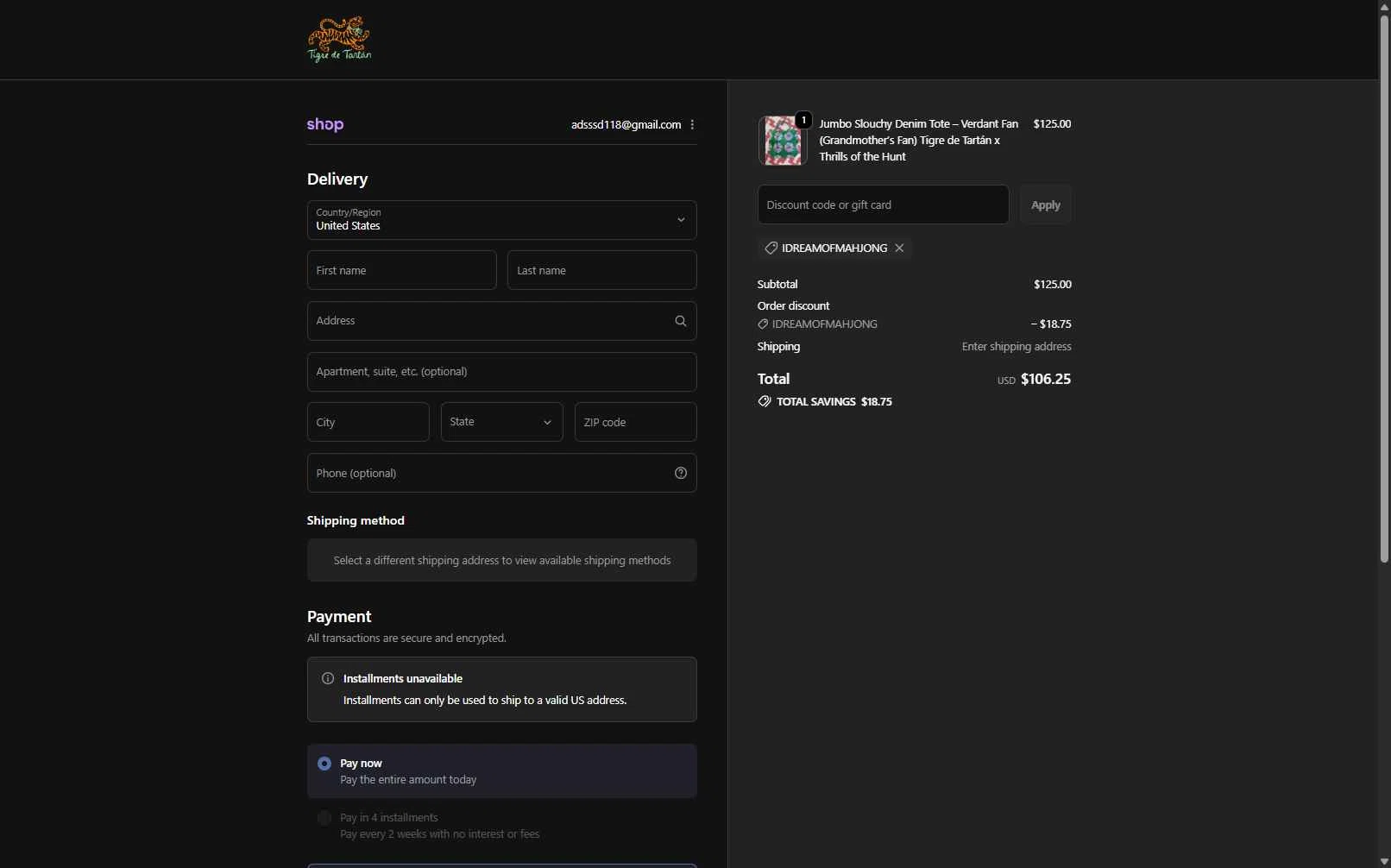 Tigre de Tartan checkout page showing Tigre de Tartan promo code box | Screenshot taken by SimplyCodes community member on Dec 17, 2025