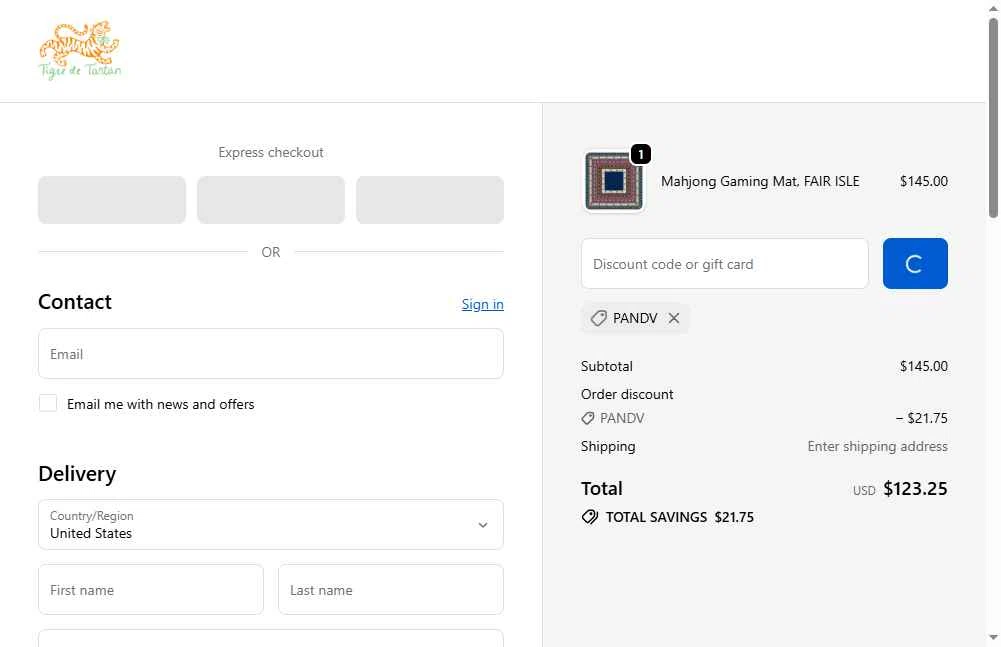 Tigre de Tartan checkout page showing Tigre de Tartan promo code box | Screenshot taken by SimplyCodes community member on Nov 12, 2025