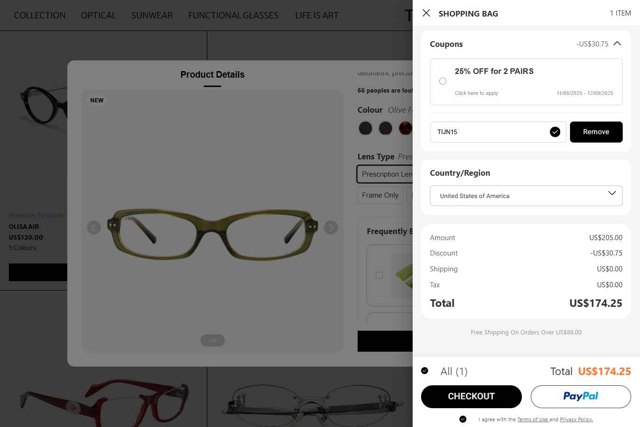 TIJN Eyewear checkout page showing TIJN Eyewear promo code box | Screenshot taken by SimplyCodes community member on Aug 30, 2025