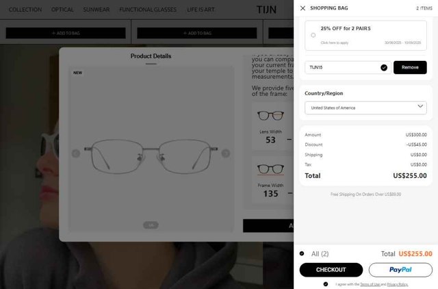 TIJN Eyewear checkout page showing TIJN Eyewear promo code box | Screenshot taken by SimplyCodes community member on Aug 1, 2025