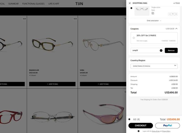 TIJN Eyewear checkout page showing TIJN Eyewear promo code box | Screenshot taken by SimplyCodes community member on Aug 21, 2025
