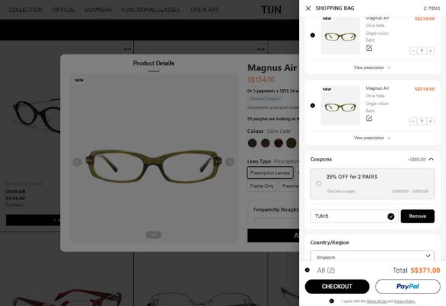 TIJN Eyewear checkout page showing TIJN Eyewear promo code box | Screenshot taken by SimplyCodes community member on Aug 30, 2025