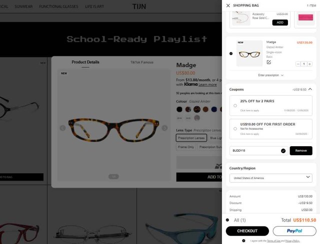 TIJN Eyewear checkout page showing TIJN Eyewear promo code box | Screenshot taken by SimplyCodes community member on Sep 5, 2025
