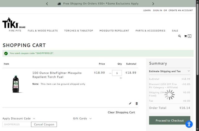 Tiki Brand checkout page showing Tiki Brand discount code box | Screenshot taken by SimplyCodes community member on Aug 16, 2025