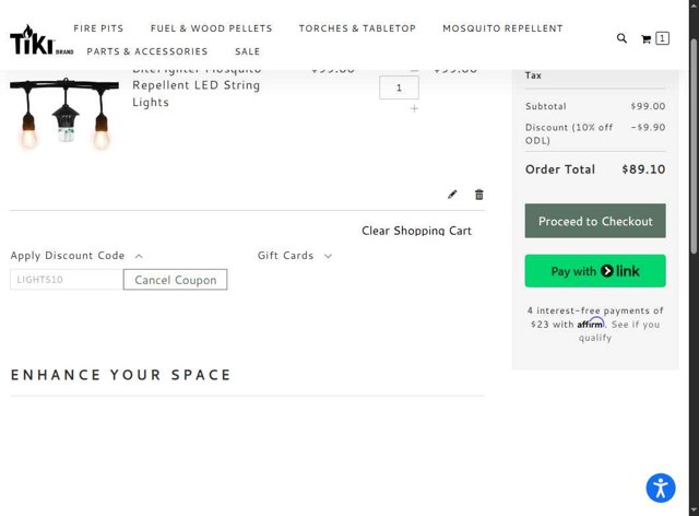 Tiki Brand checkout page showing Tiki Brand discount code box | Screenshot taken by SimplyCodes community member on Aug 6, 2025