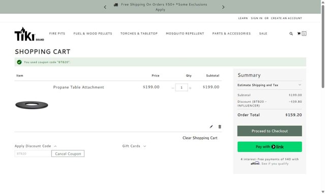 Tiki Brand checkout page showing Tiki Brand discount code box | Screenshot taken by SimplyCodes community member on Aug 19, 2025