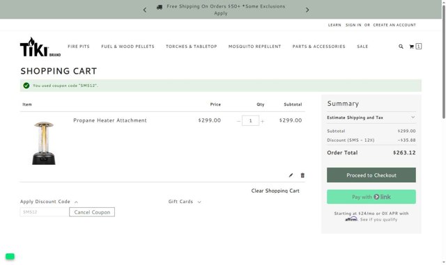 Tiki Brand checkout page showing Tiki Brand discount code box | Screenshot taken by SimplyCodes community member on Aug 15, 2025
