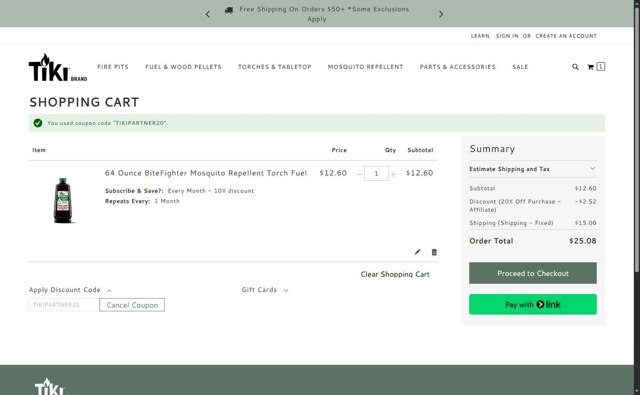Tiki Brand checkout page showing Tiki Brand discount code box | Screenshot taken by SimplyCodes community member on Aug 13, 2025