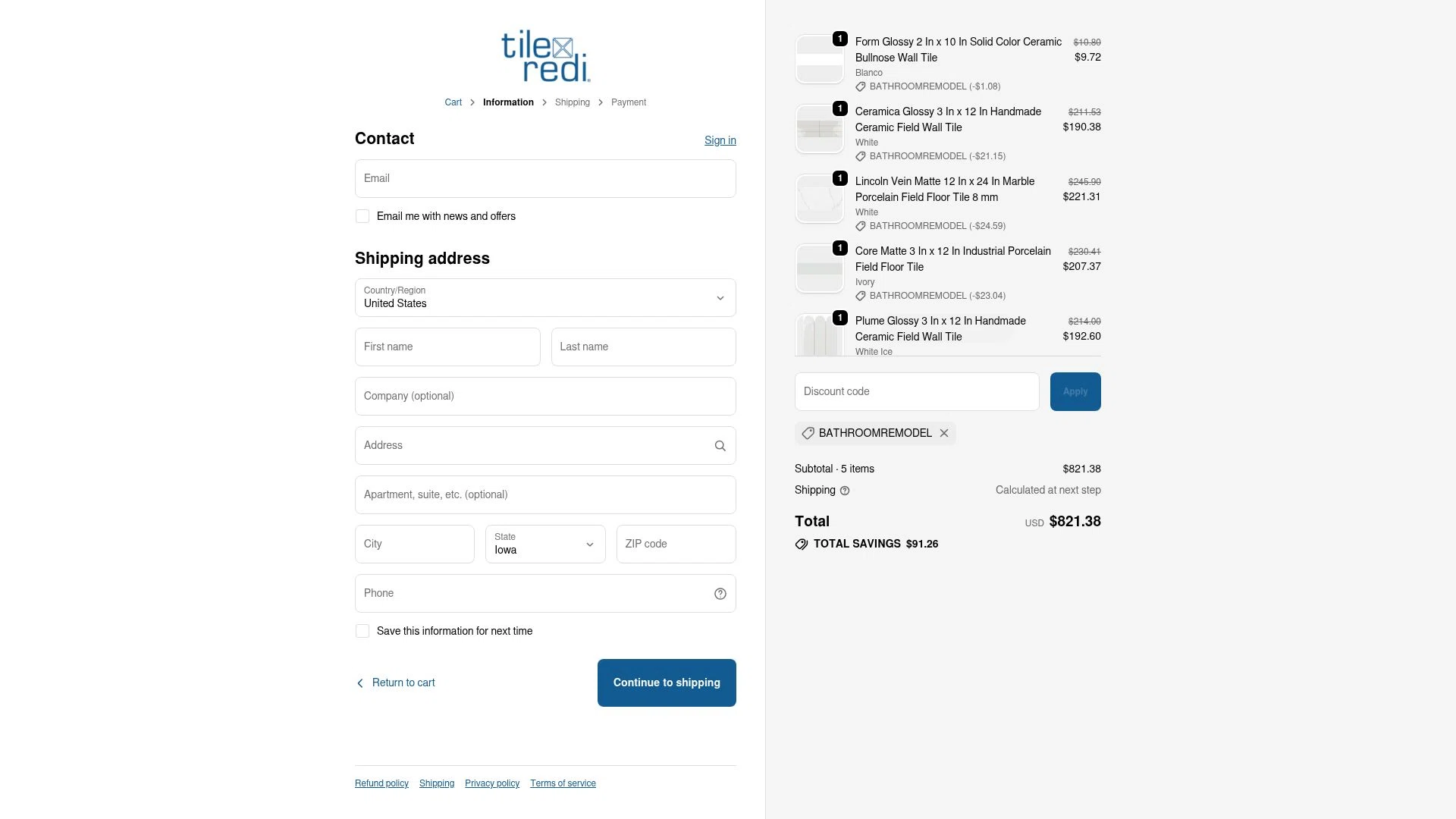 Tile Redi checkout page showing Tile Redi discount code box | Screenshot taken by SimplyCodes community member on Dec 5, 2025