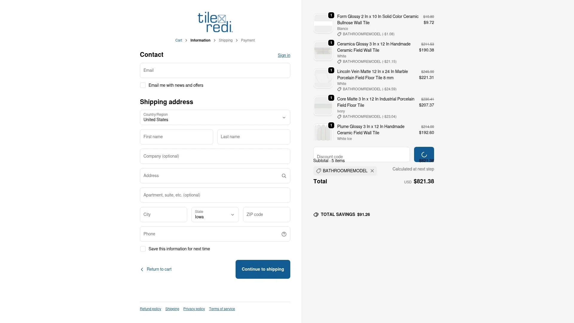 Tile Redi checkout page showing Tile Redi discount code box | Screenshot taken by SimplyCodes community member on Dec 16, 2025