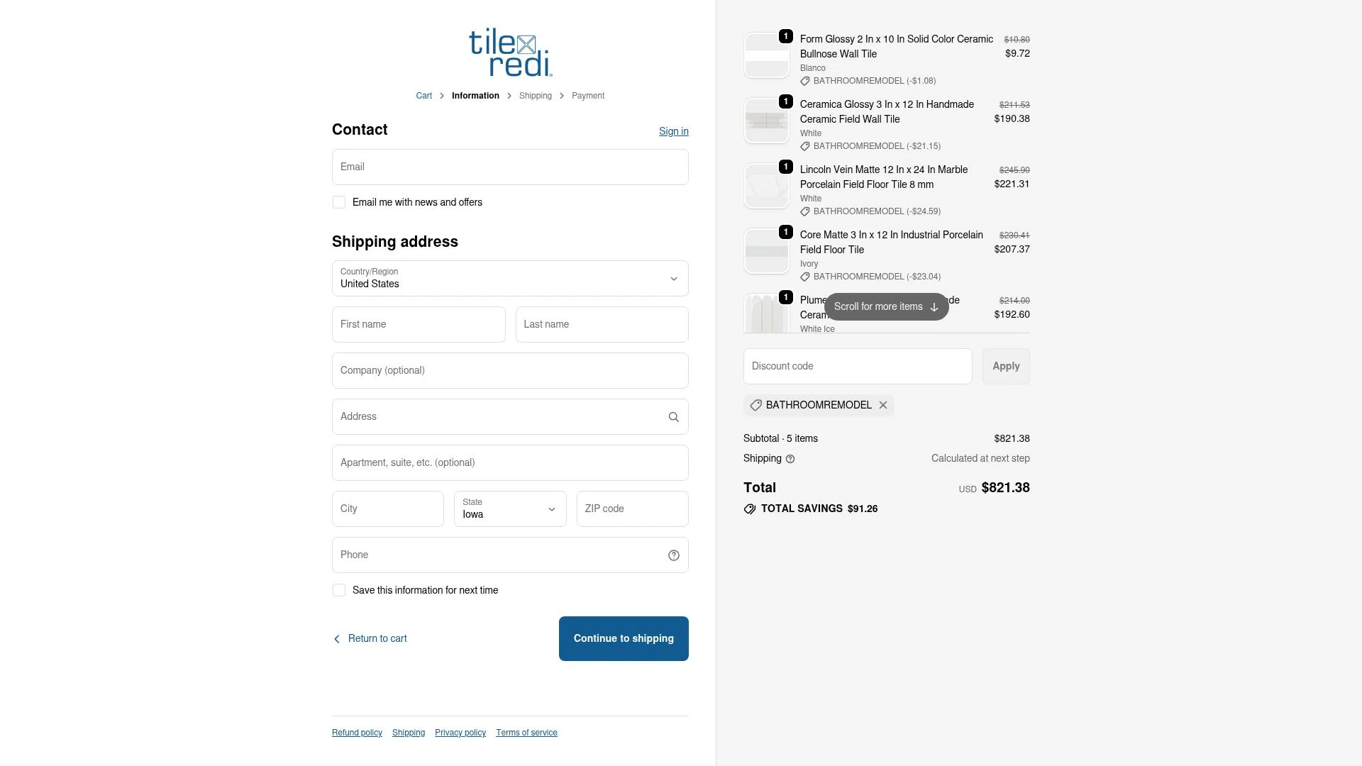 Tile Redi checkout page showing Tile Redi discount code box | Screenshot taken by SimplyCodes community member on Dec 10, 2025