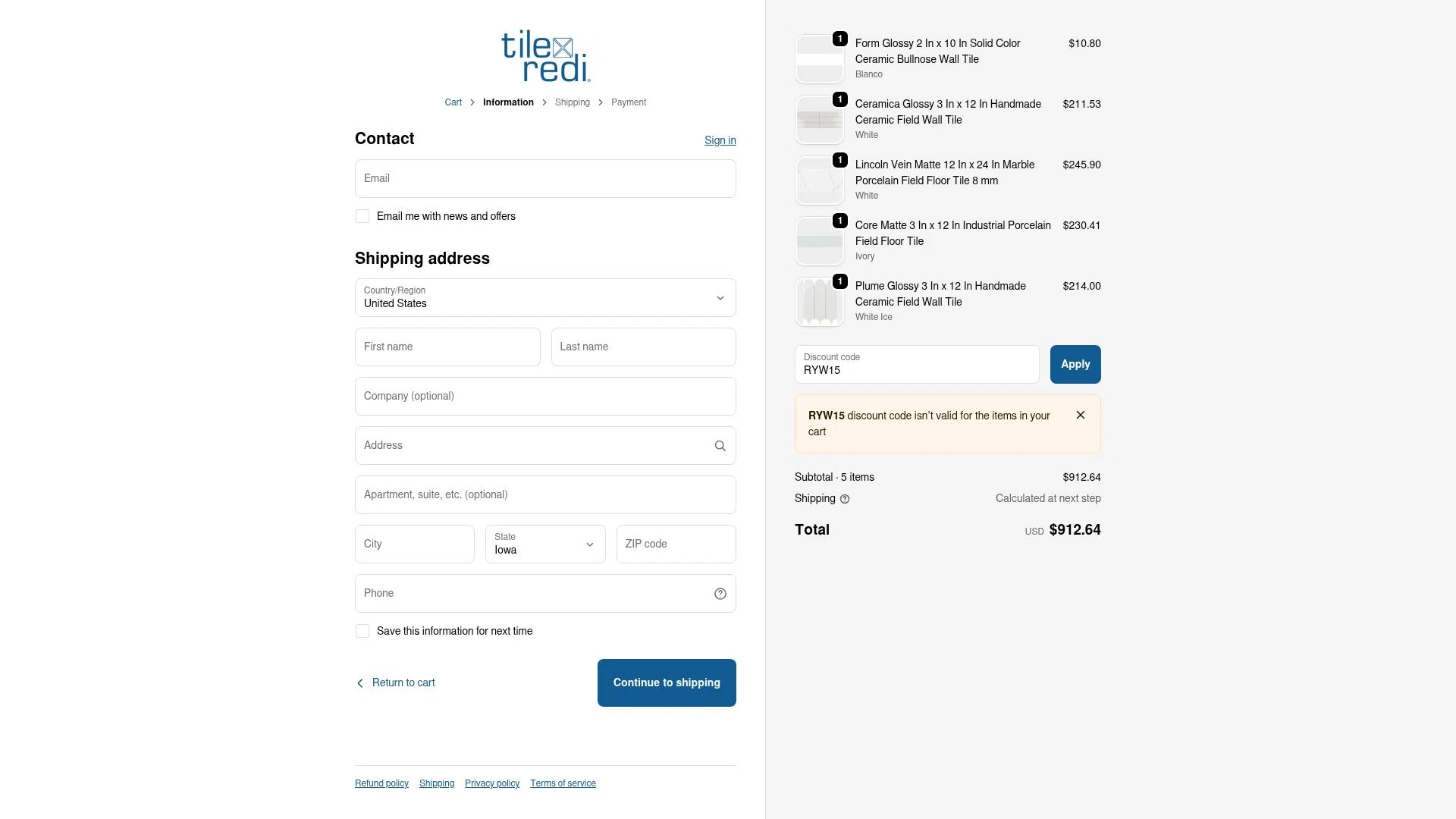 Tile Redi checkout page showing Tile Redi discount code box | Screenshot taken by SimplyCodes community member on Dec 5, 2025