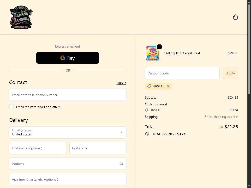 Tillmans Tranquils checkout page showing Tillmans Tranquils coupon code box | Screenshot taken by SimplyCodes community member on Oct 24, 2025
