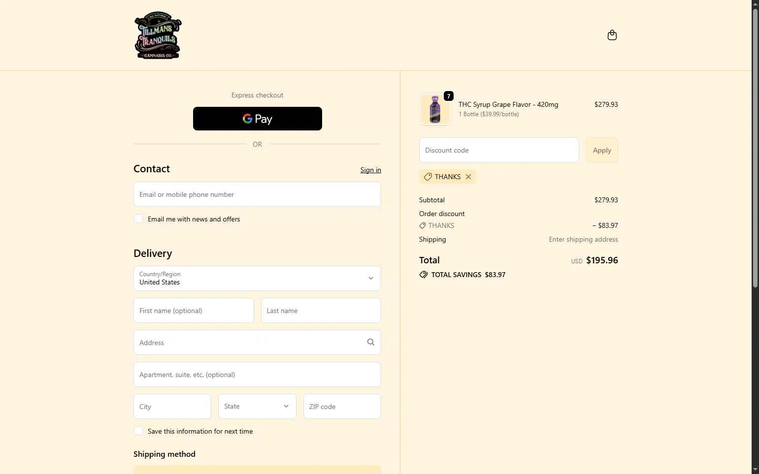 Tillmans Tranquils checkout page showing Tillmans Tranquils coupon code box | Screenshot taken by SimplyCodes community member on Nov 7, 2025