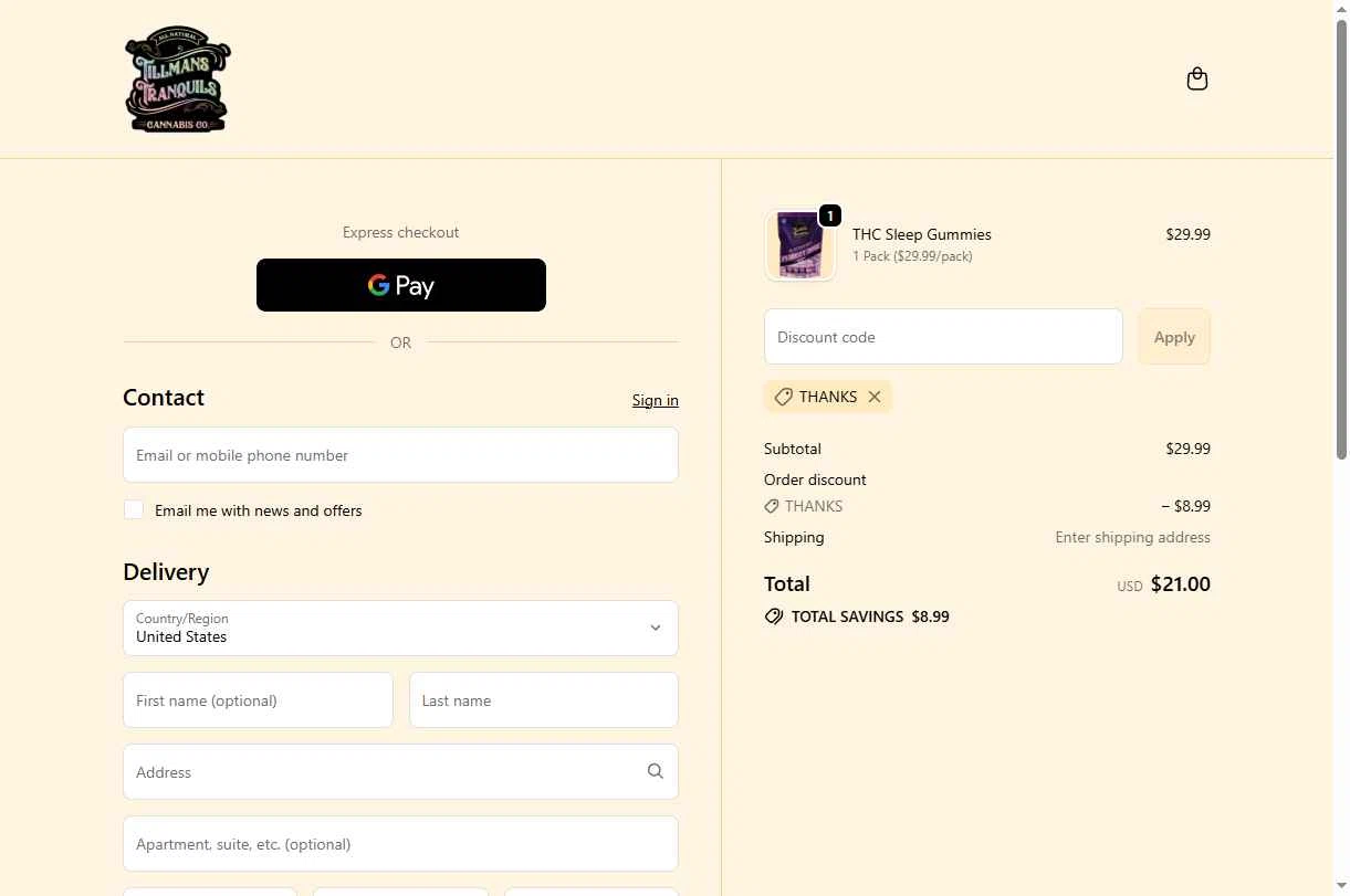 Tillmans Tranquils checkout page showing Tillmans Tranquils coupon code box | Screenshot taken by SimplyCodes community member on Jan 1, 2026