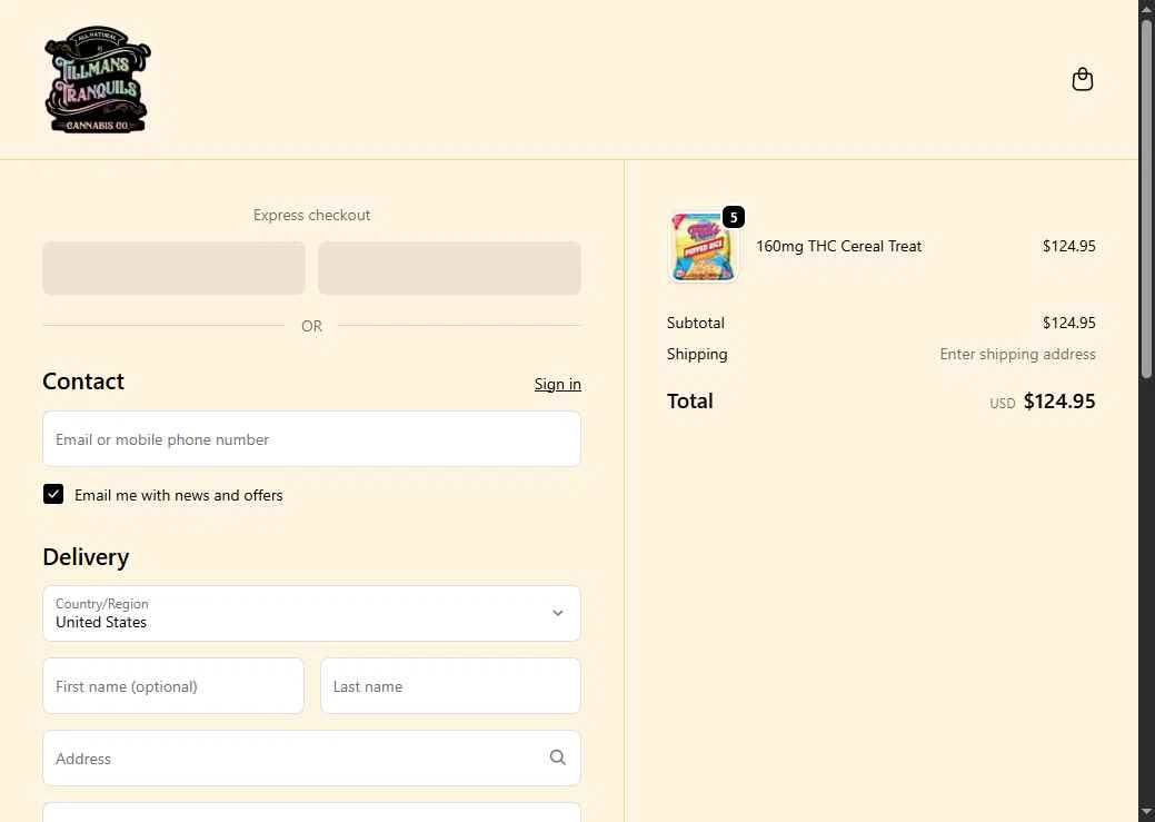 Tillmans Tranquils checkout page showing Tillmans Tranquils coupon code box | Screenshot taken by SimplyCodes community member on Oct 2, 2025