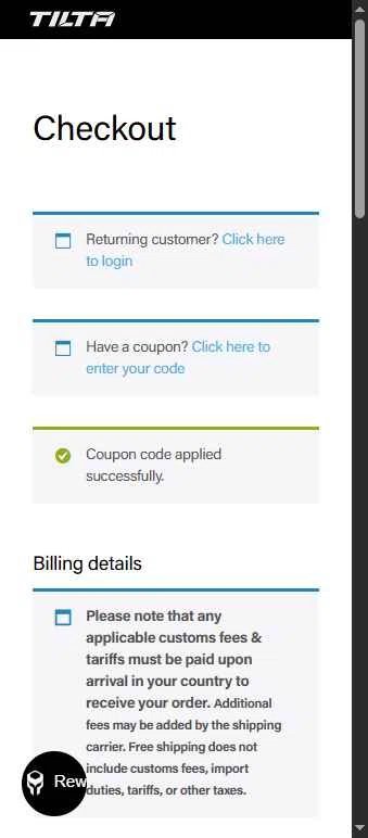 Tilta checkout page showing Tilta coupon code box | Screenshot taken by SimplyCodes community member on Jan 1, 2026