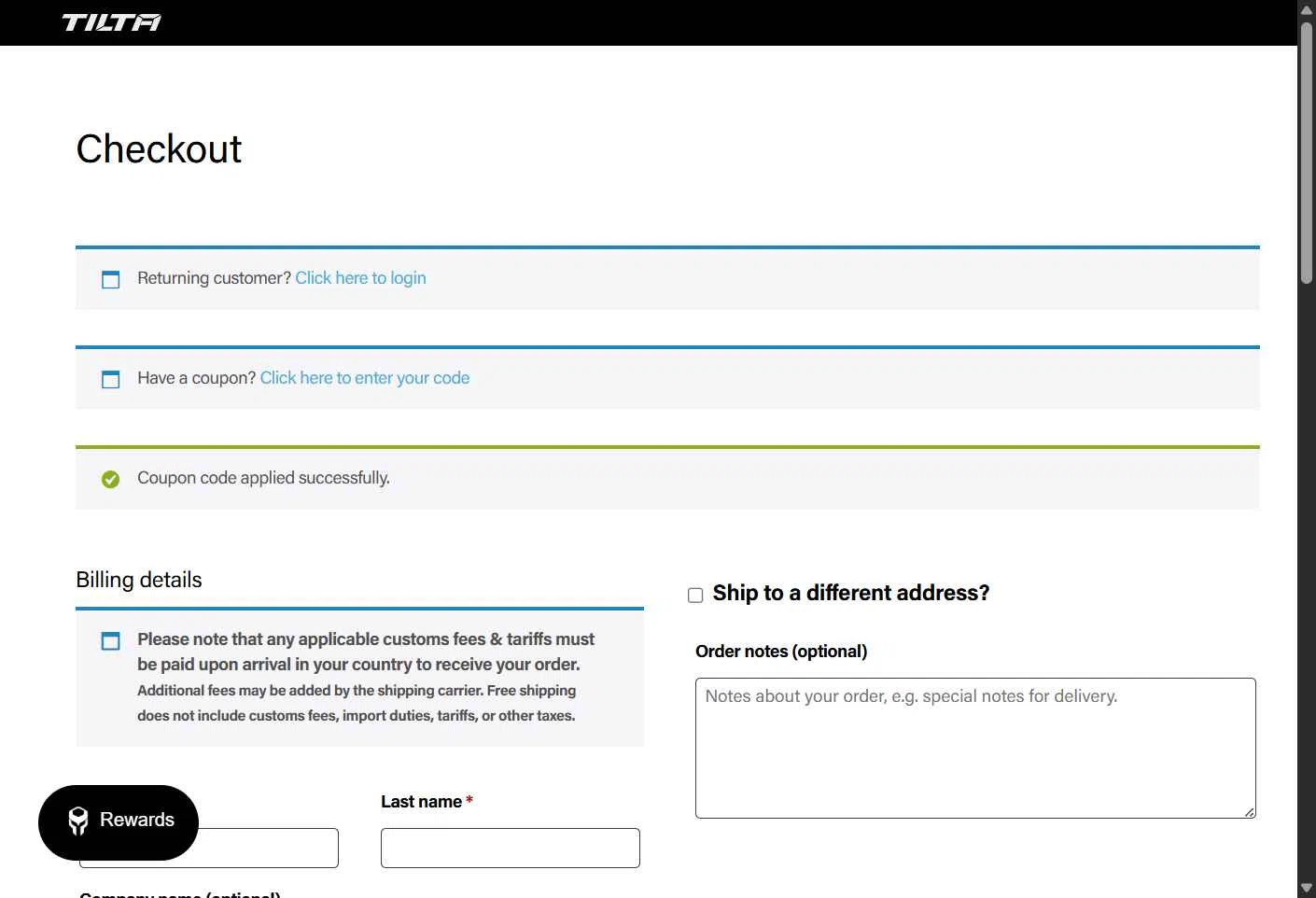 Tilta checkout page showing Tilta coupon code box | Screenshot taken by SimplyCodes community member on Jan 30, 2026