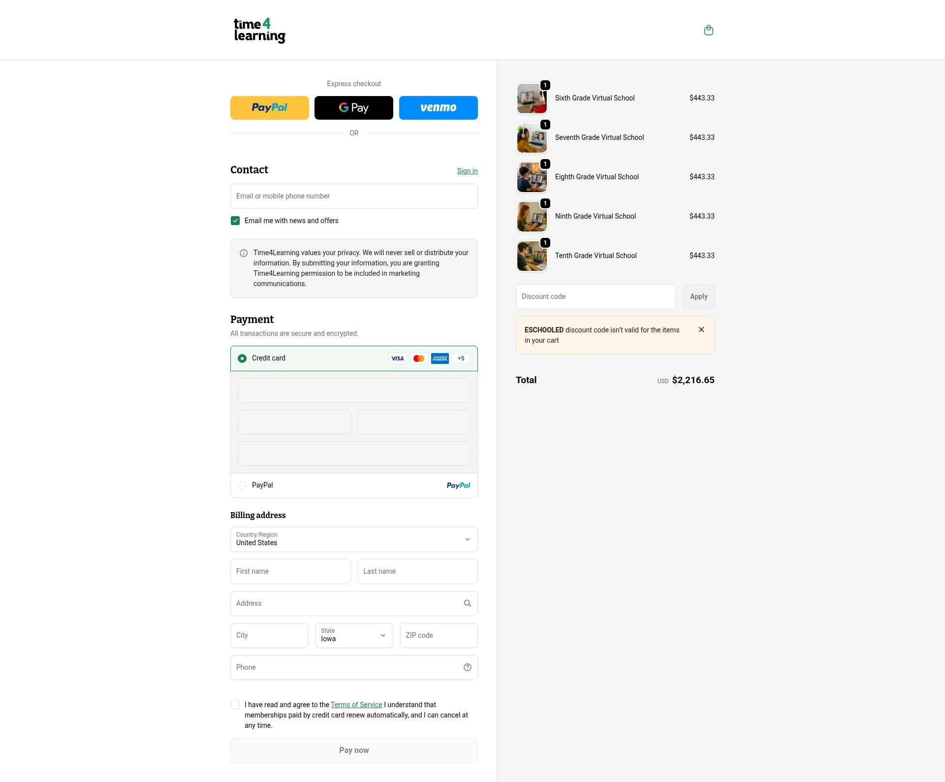 Time 4 Learning checkout page showing Time 4 Learning promo code box | Screenshot taken by SimplyCodes community member on Feb 12, 2026