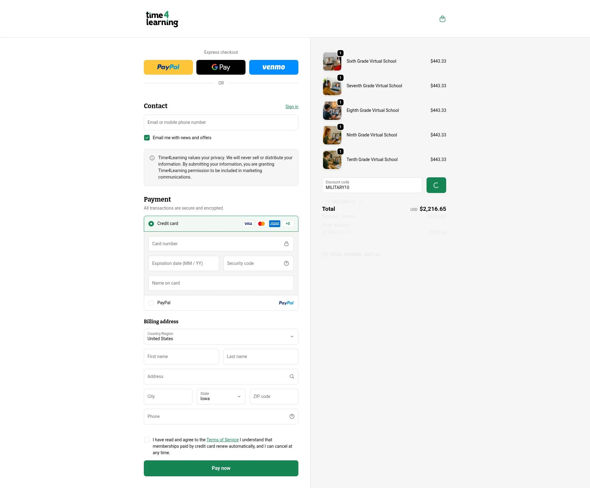 Time 4 Learning checkout page showing Time 4 Learning promo code box | Screenshot taken by SimplyCodes community member on Feb 3, 2026