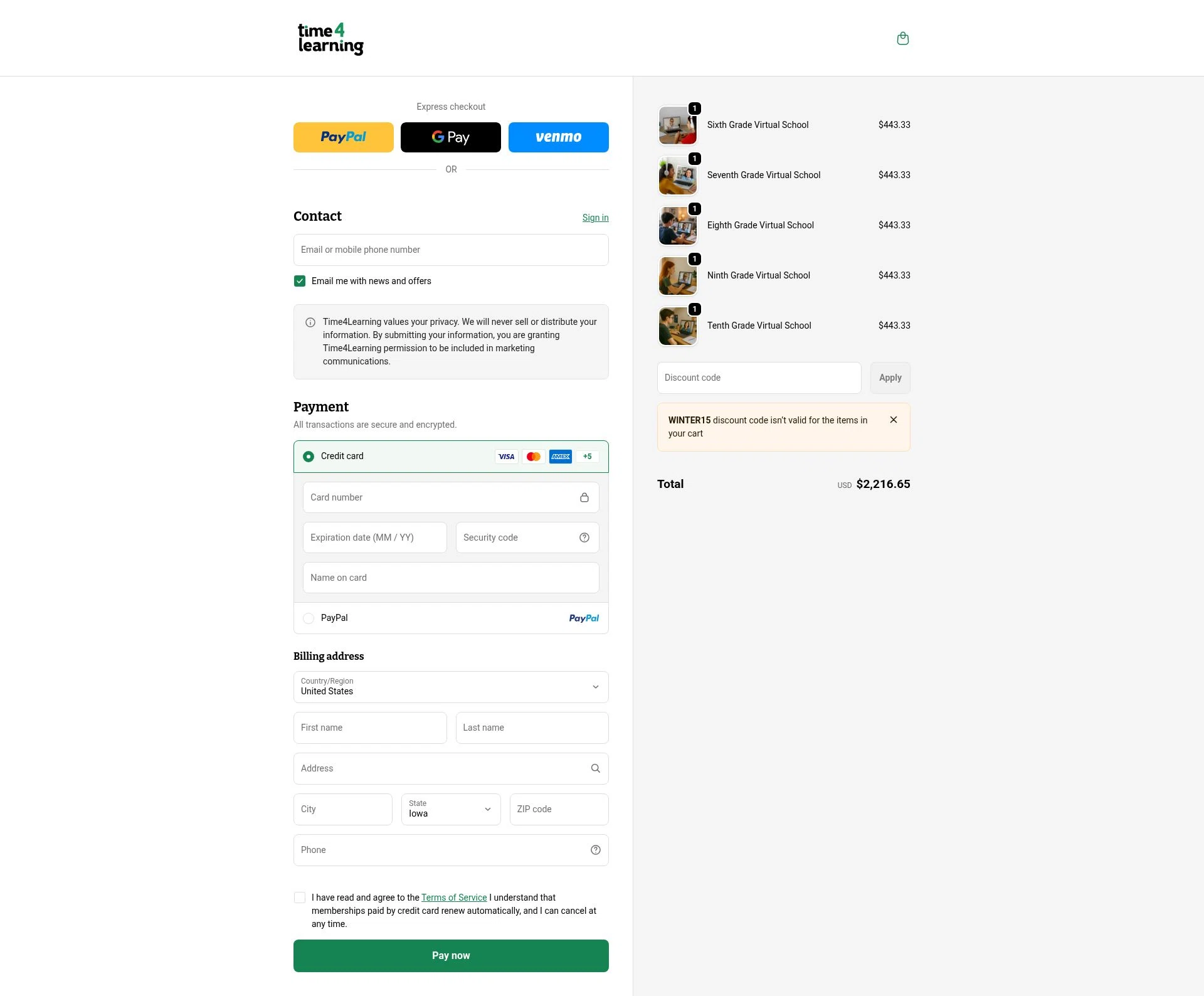 Time 4 Learning checkout page showing Time 4 Learning promo code box | Screenshot taken by SimplyCodes community member on Feb 3, 2026