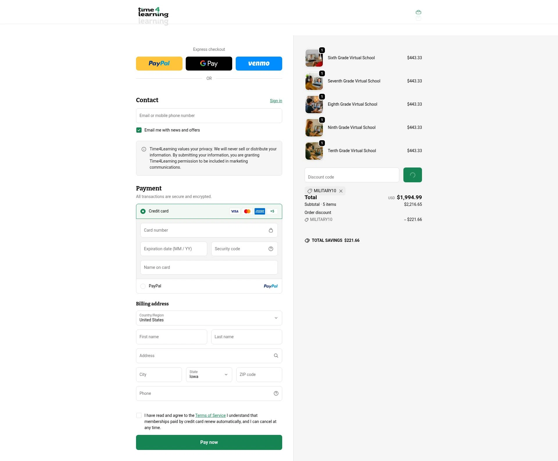 Time 4 Learning checkout page showing Time 4 Learning promo code box | Screenshot taken by SimplyCodes community member on Feb 12, 2026