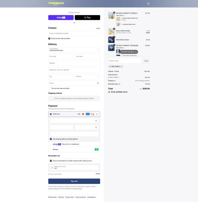 Timebeam Beauty checkout page showing Timebeam Beauty promo code box | Screenshot taken by SimplyCodes community member on Aug 2, 2025
