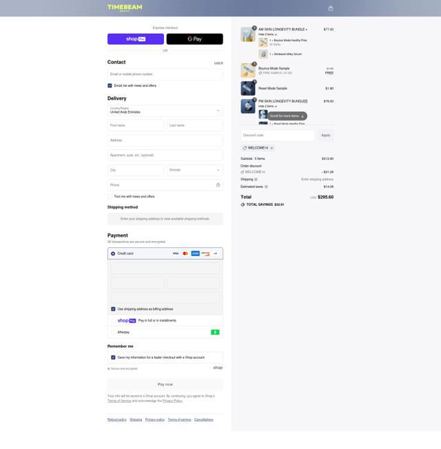 Timebeam Beauty checkout page showing Timebeam Beauty promo code box | Screenshot taken by SimplyCodes community member on Aug 10, 2025
