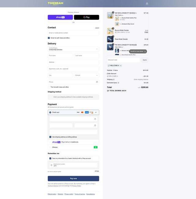Timebeam Beauty checkout page showing Timebeam Beauty promo code box | Screenshot taken by SimplyCodes community member on Aug 6, 2025