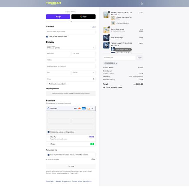Timebeam Beauty checkout page showing Timebeam Beauty promo code box | Screenshot taken by SimplyCodes community member on Aug 14, 2025