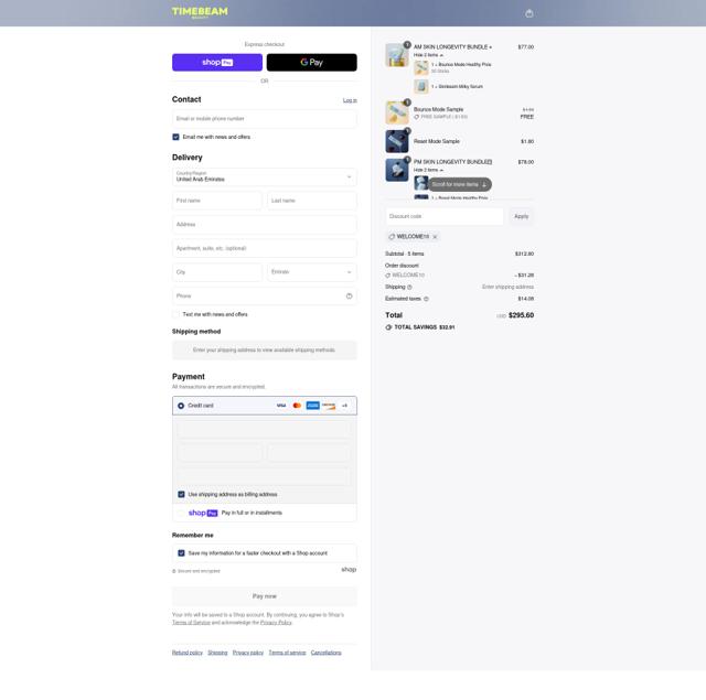 Timebeam Beauty checkout page showing Timebeam Beauty promo code box | Screenshot taken by SimplyCodes community member on Jul 28, 2025