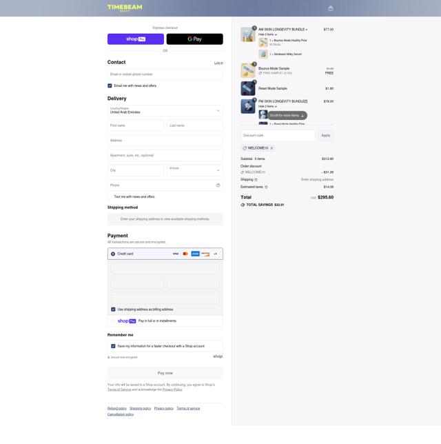Timebeam Beauty checkout page showing Timebeam Beauty promo code box | Screenshot taken by SimplyCodes community member on Jul 20, 2025