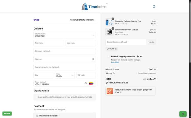 Timekettle checkout page showing Timekettle discount code box | Screenshot taken by SimplyCodes community member on Sep 12, 2025