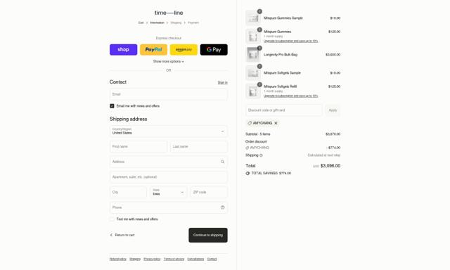 Timeline Nutrition checkout page showing Timeline Nutrition discount code box | Screenshot taken by SimplyCodes community member on Sep 12, 2025