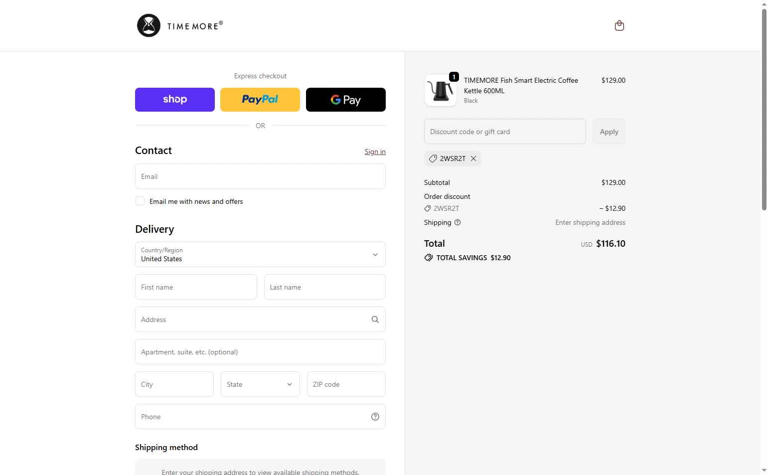 Time More checkout page showing Time More promo code box | Screenshot taken by SimplyCodes community member on Feb 4, 2026