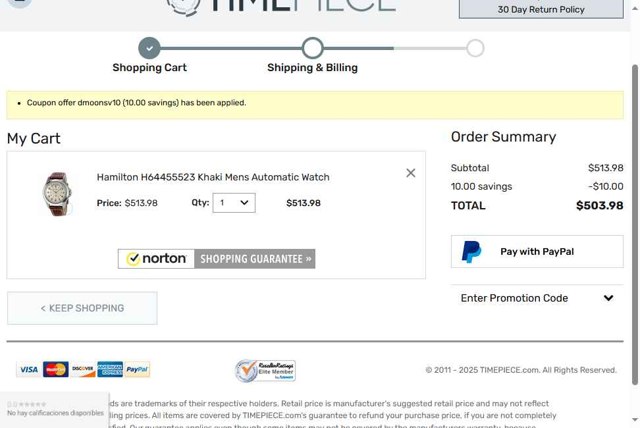 Timepiece.com checkout page showing Timepiece.com promo code box | Screenshot taken by SimplyCodes community member on May 9, 2025